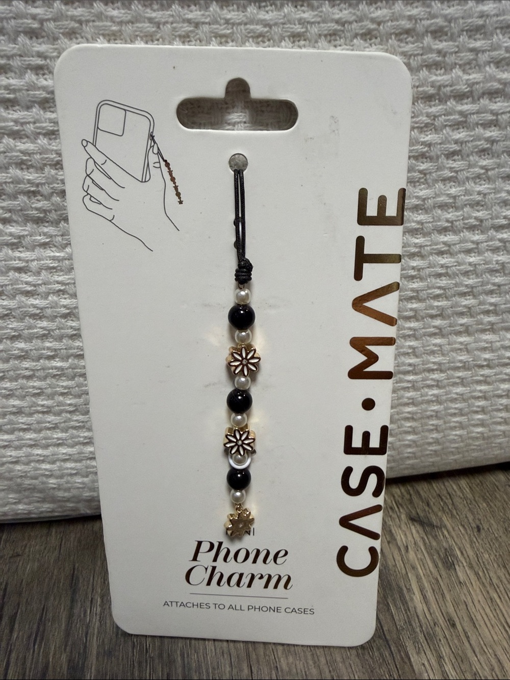 Black & Pearl Beaded Mini Phone Charm with Gold Flower Accents